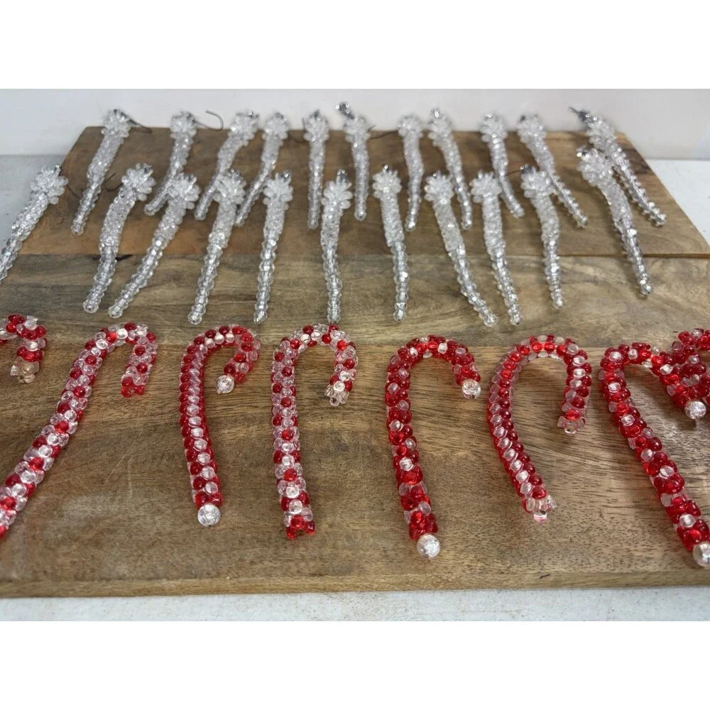 22 Vintage Christmas Clear Beaded Icicle Ornaments + 8 Candy Canes Handmade